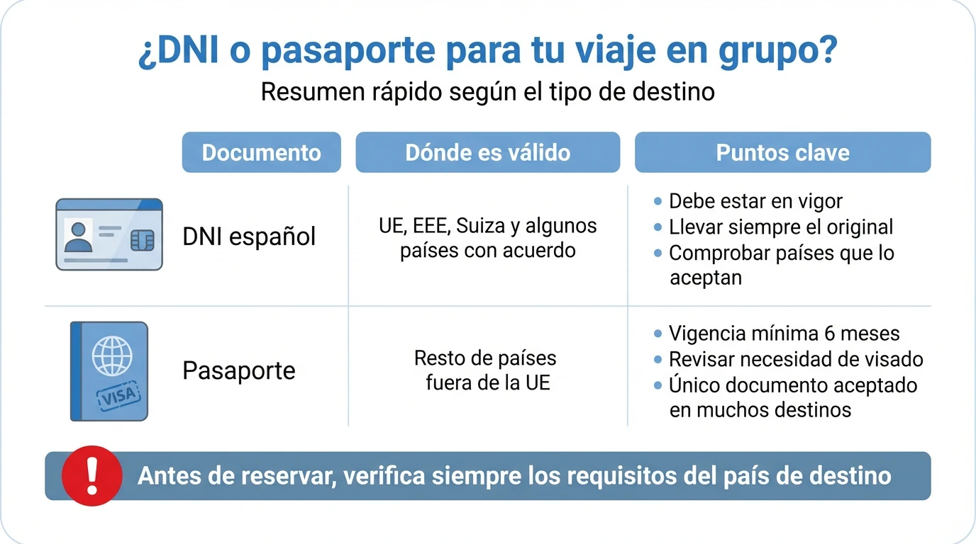 Diagrama comparativo de uso del DNI y el pasaporte para viajes en grupo según el tipo de destino.