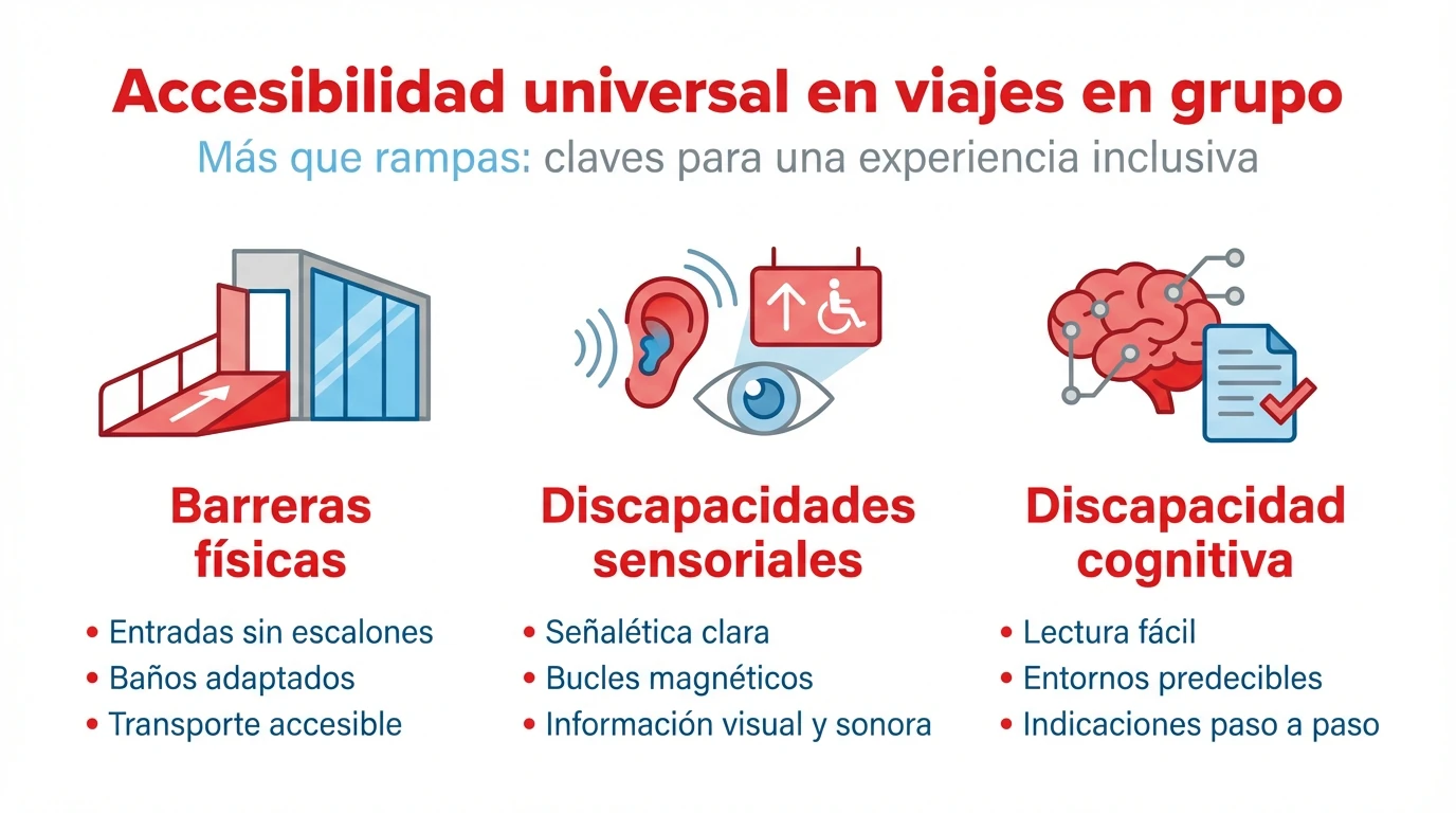 Infografía sobre accesibilidad universal en viajes en grupo con tres bloques de tipos de necesidades.
