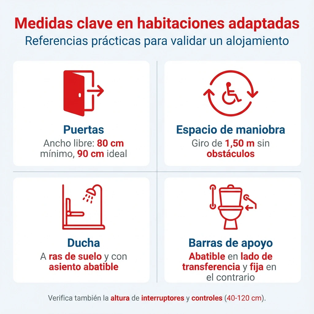 Infografía con cuatro bloques que resumen las medidas clave de una habitación y baño adaptados.
