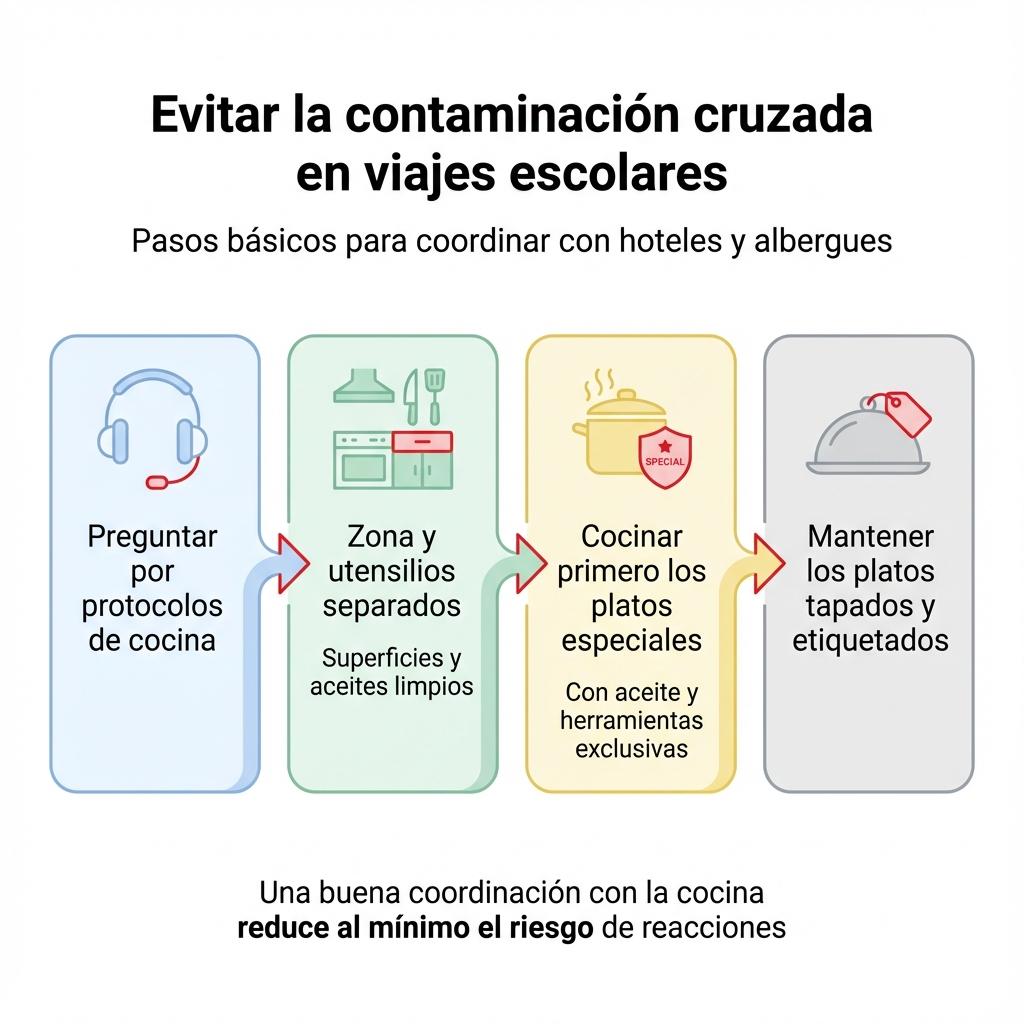 Diagrama de flujo con los pasos clave para evitar la contaminación cruzada en cocinas durante viajes escolares.