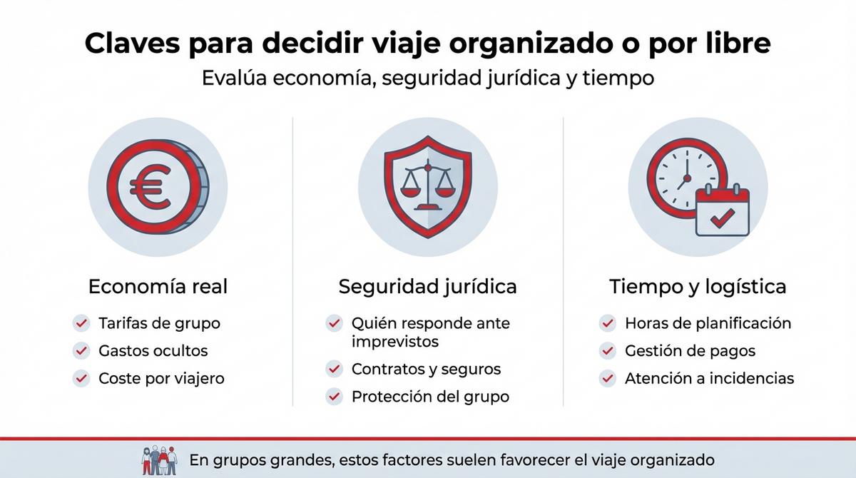 Diagrama sobre quién asume la responsabilidad legal en un viaje de grupo organizado por agencia o por libre.