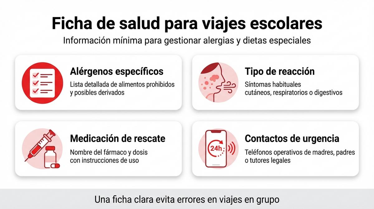 Infografía con los campos imprescindibles de una ficha de salud para viajes escolares.