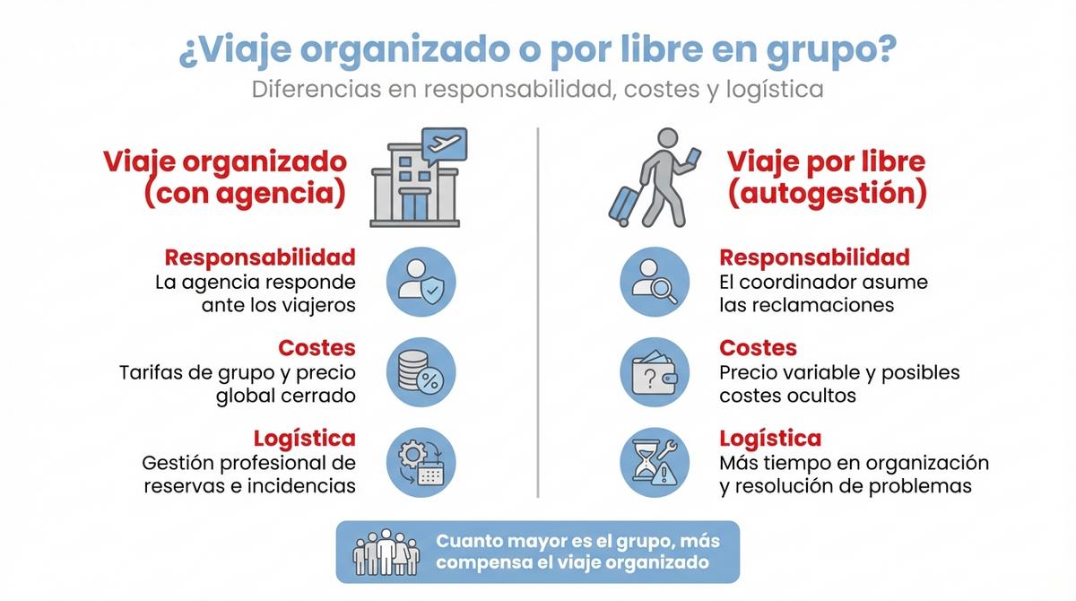Infografía con los tres pilares para decidir entre viaje organizado o por libre en grupo.
