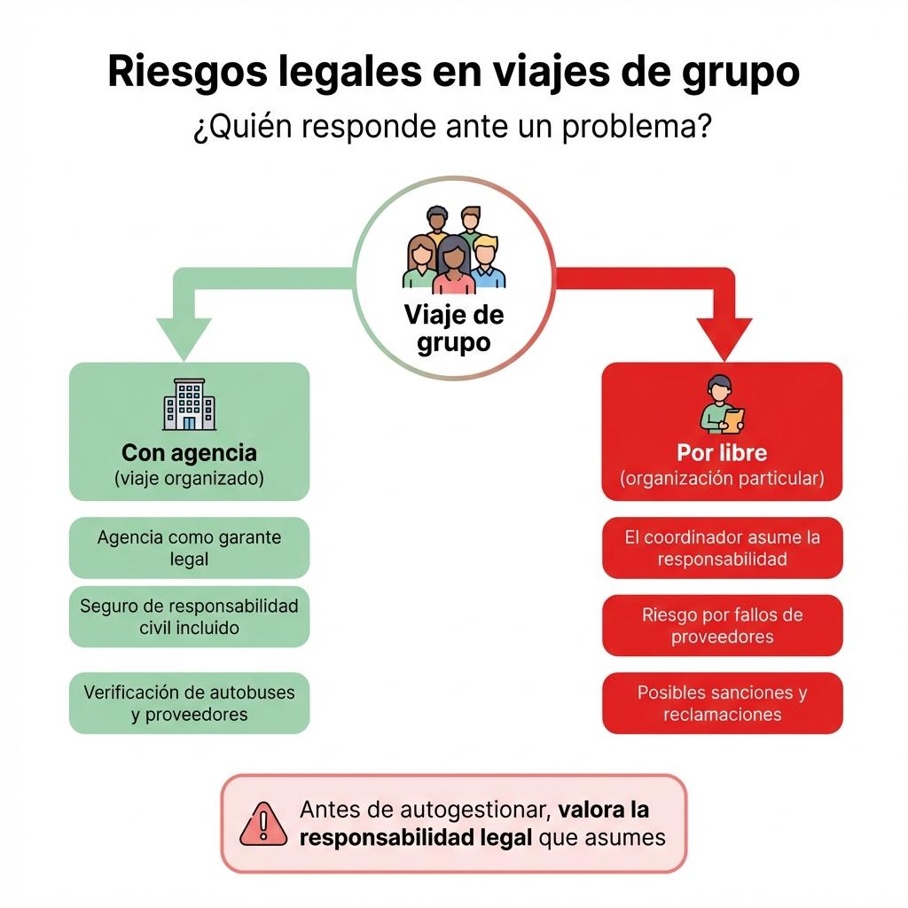 Infografía en formato de tabla con factores para elegir viaje organizado o viaje por libre en grupo.