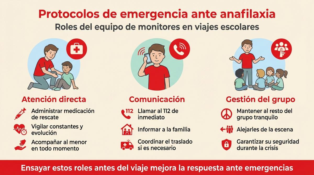 Infografía que explica los tres roles de los monitores en una emergencia por alergia durante un viaje escolar.