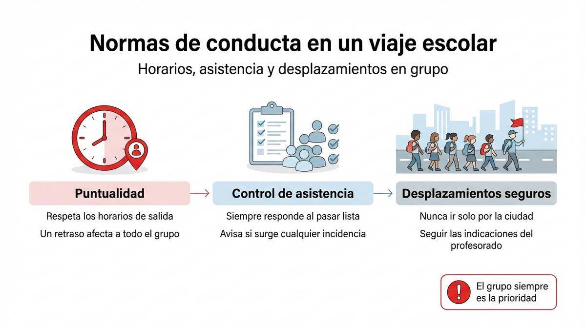 Infografía que resume las responsabilidades de familias y alumnos sobre salud y medicación en un viaje escolar.