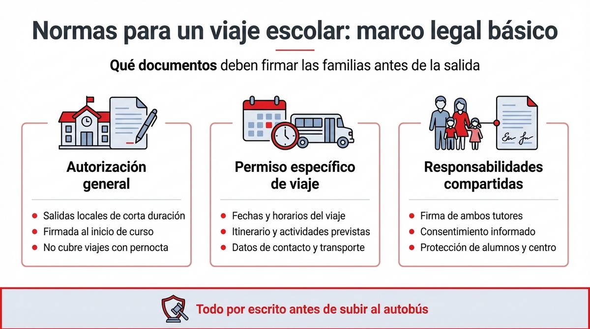 Infografía sobre autorizaciones legales y permisos que las familias deben firmar para un viaje escolar.