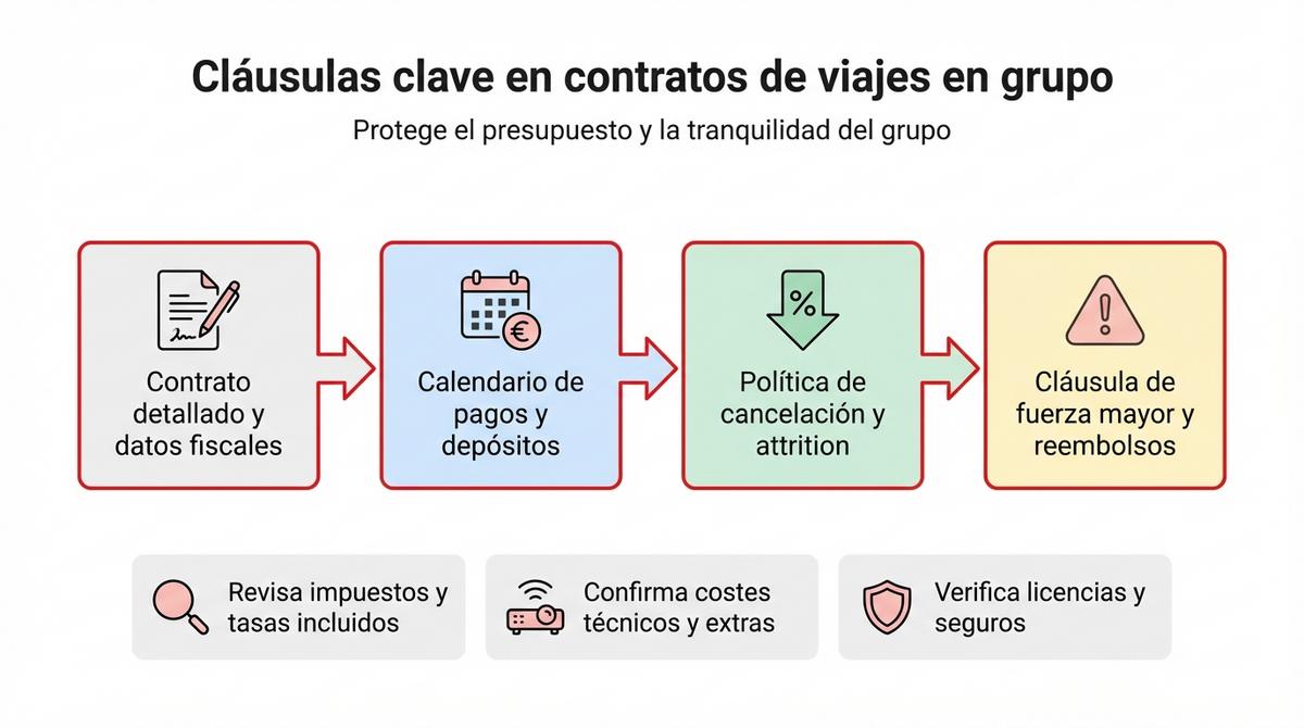 Diagrama de flujo con las cláusulas más importantes a revisar en un contrato de viaje en grupo.