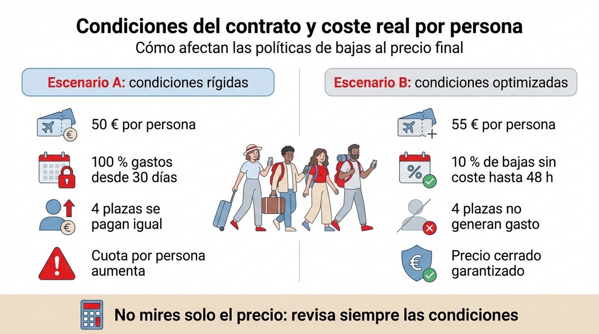 Infografía que compara dos escenarios de condiciones contractuales y su impacto en el coste final por persona en un viaje de grupo.
