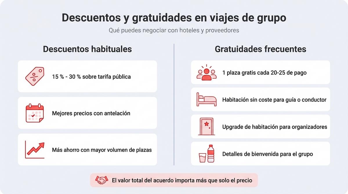 Infografía que resume los descuentos y gratuidades negociables en viajes organizados para grupos.