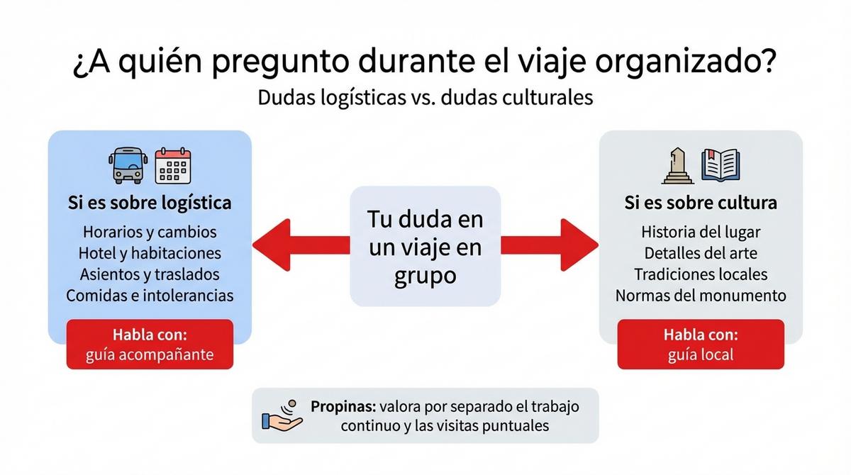 Diagrama que indica cuándo acudir al guía acompañante o al guía local según el tipo de duda en un viaje organizado