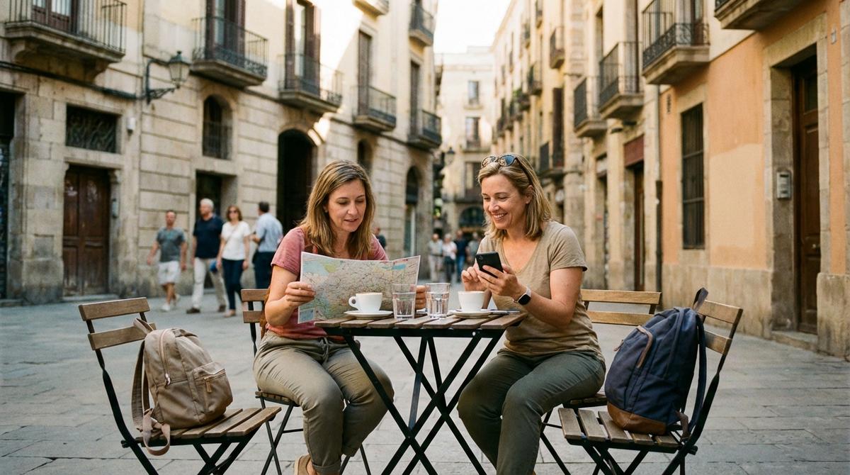 Dos viajeras descansan en la terraza de un café mientras consultan un mapa durante su tiempo libre en un circuito organizado.