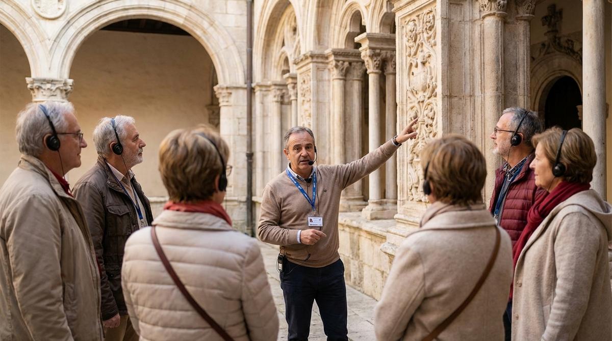 Grupo de viajeros escuchando las explicaciones de un guía local acreditado frente a un monumento histórico