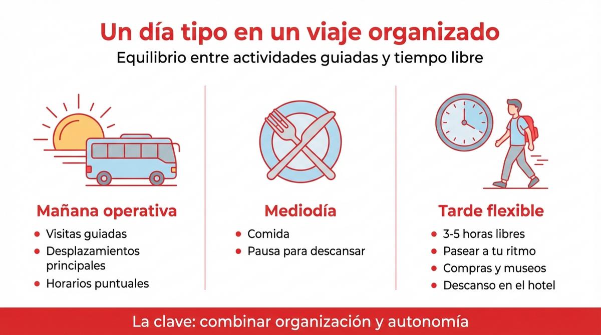 Infografía que muestra la estructura de un día tipo en un viaje organizado con mañana operativa, mediodía y tarde flexible.