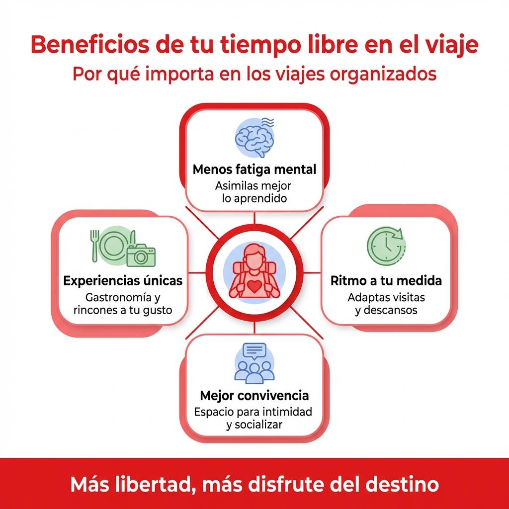 Infografía sobre los principales beneficios del tiempo libre dentro de un viaje organizado.